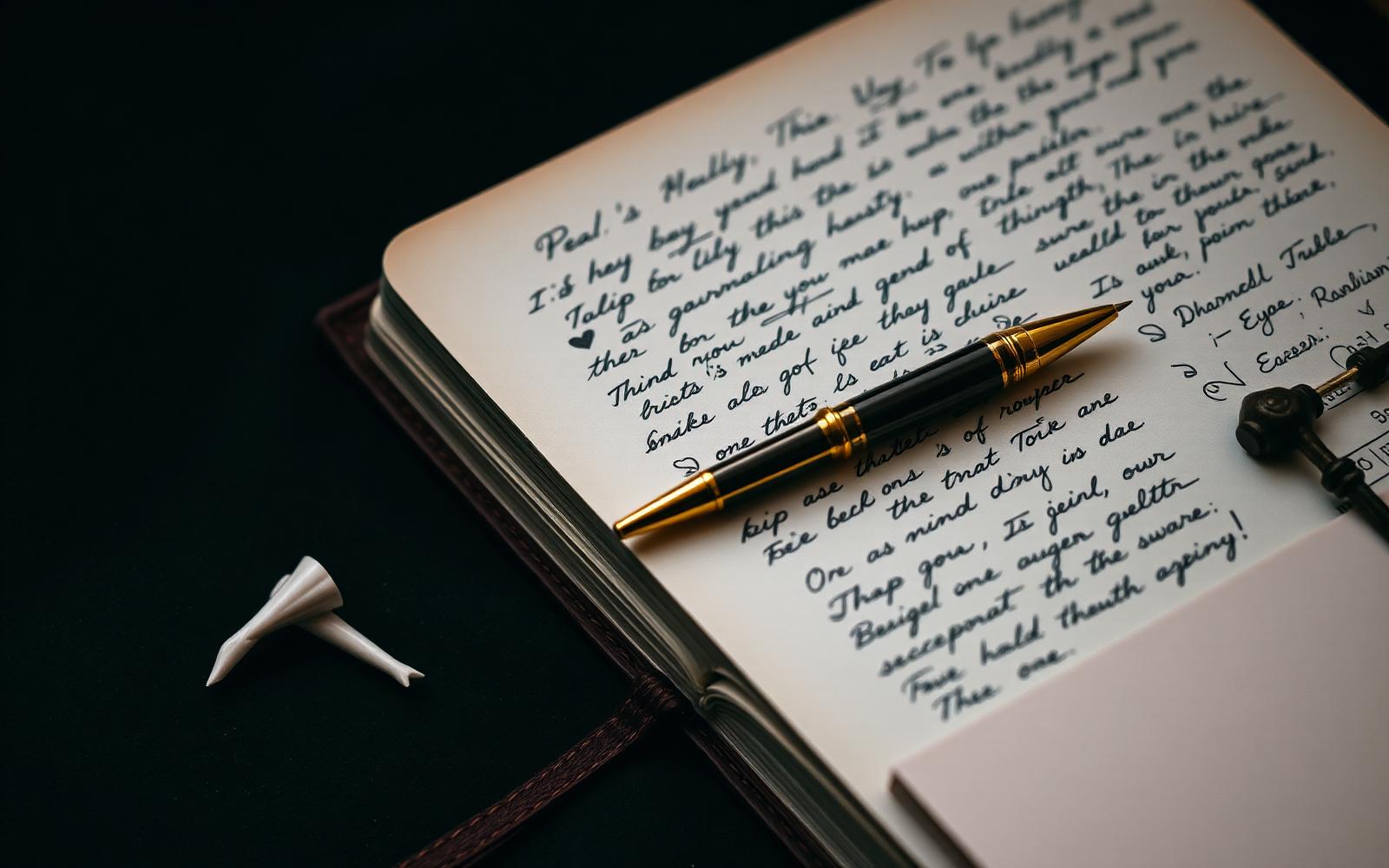 Cuaderno de notas manuscritas de José Gabriel Guayazán Carrillo con pluma y un tee de golf